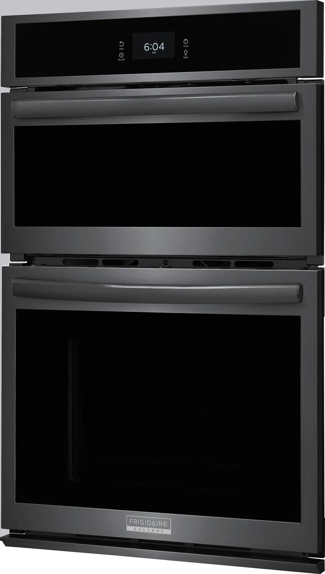 Black stainless steel 27-inch electric wall oven and microwave combo with digital touchscreen for kitchen appliances