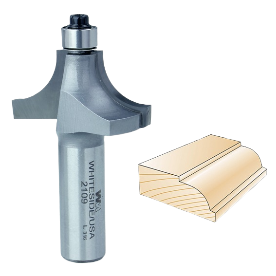 Metal Whiteside beading router bit with diagram of decorative edge profile for woodworking and trim projects