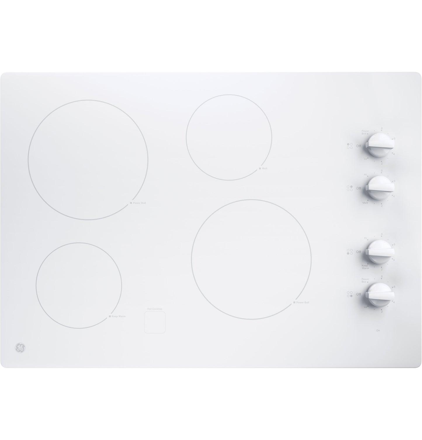 White electric cooktop with four burners and three knob controls, part of kitchen and electric cooktops appliance collection