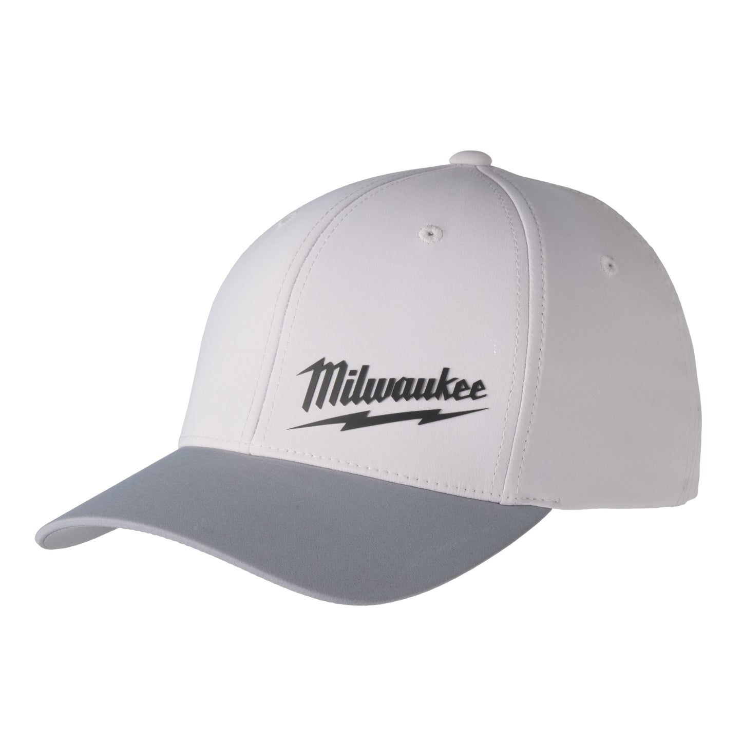 White fitted hat with gray bill and black Milwaukee logo for tools and home improvement tasks