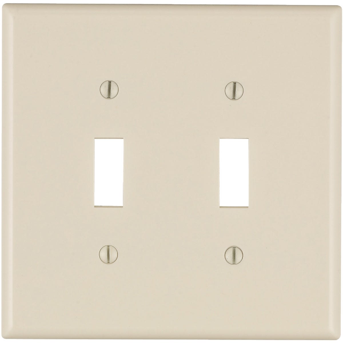 Light almond plastic 2-gang toggle switch wall plate with smooth finish for home improvement projects