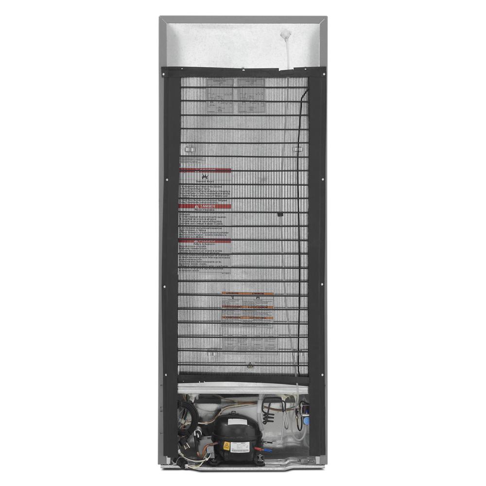 Rear view of a small space top-freezer refrigerator showing condenser coils and compressor from appliances collection