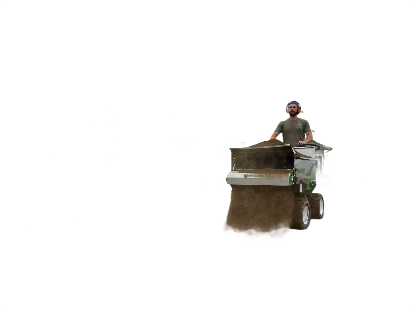 Operator using green and stainless steel stand-on top dressing spreader with four-wheel drive for landscaping in All Products collection
