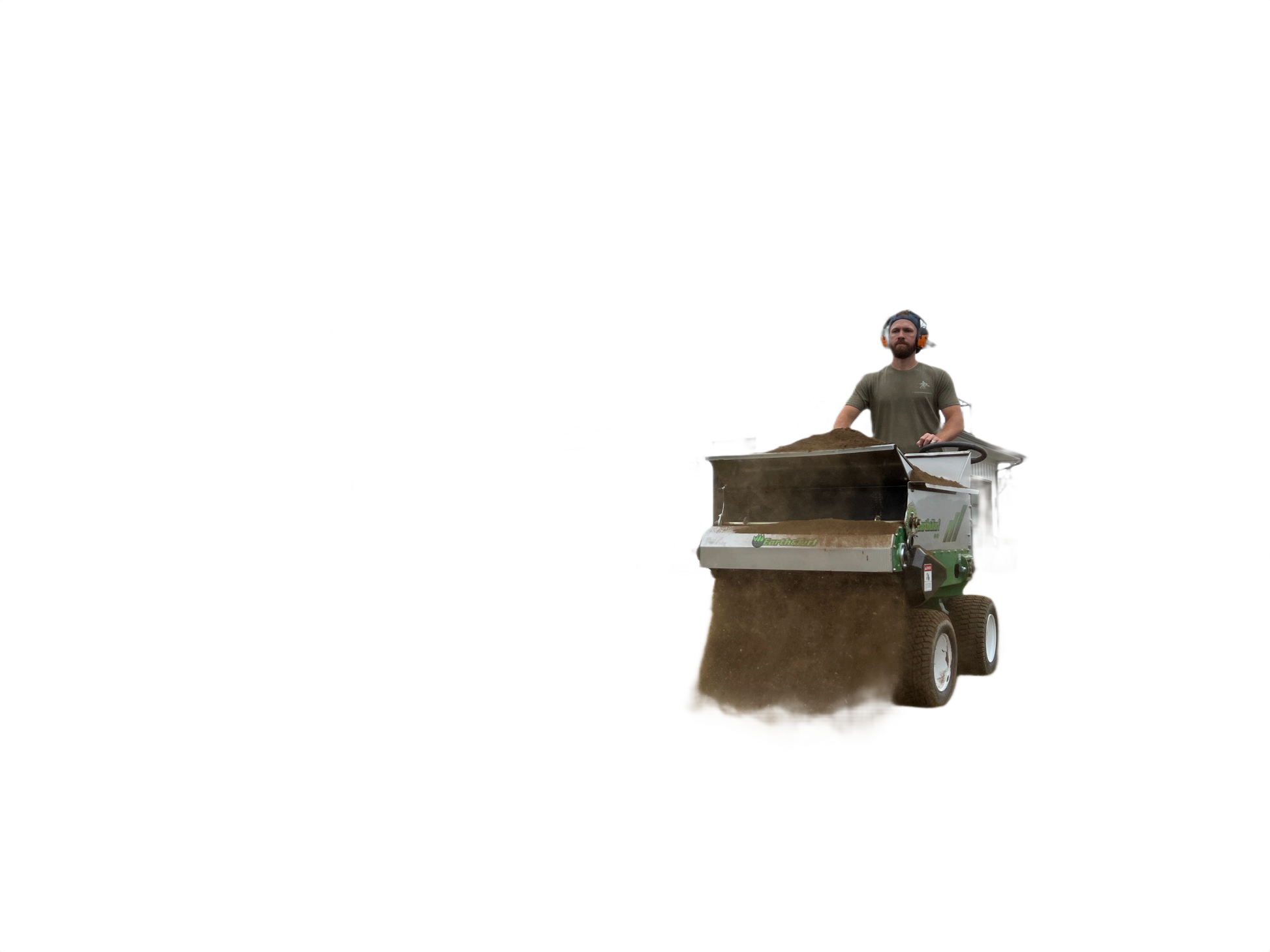 Operator using green and stainless steel stand-on top dressing spreader with four-wheel drive for landscaping in All Products collection
