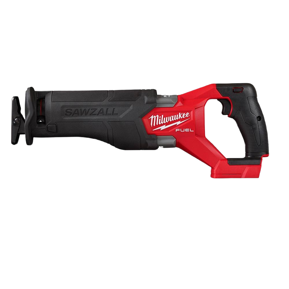 Side view of red and black Milwaukee M18 FUEL SAWZALL reciprocating saw for woodworking and power tool applications