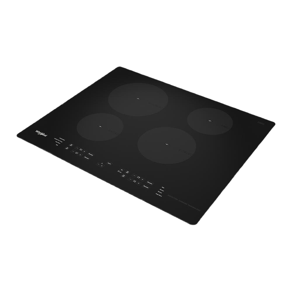 Sleek black Whirlpool induction cooktop with four cooking zones and touch controls for kitchen appliances and cooktops collections