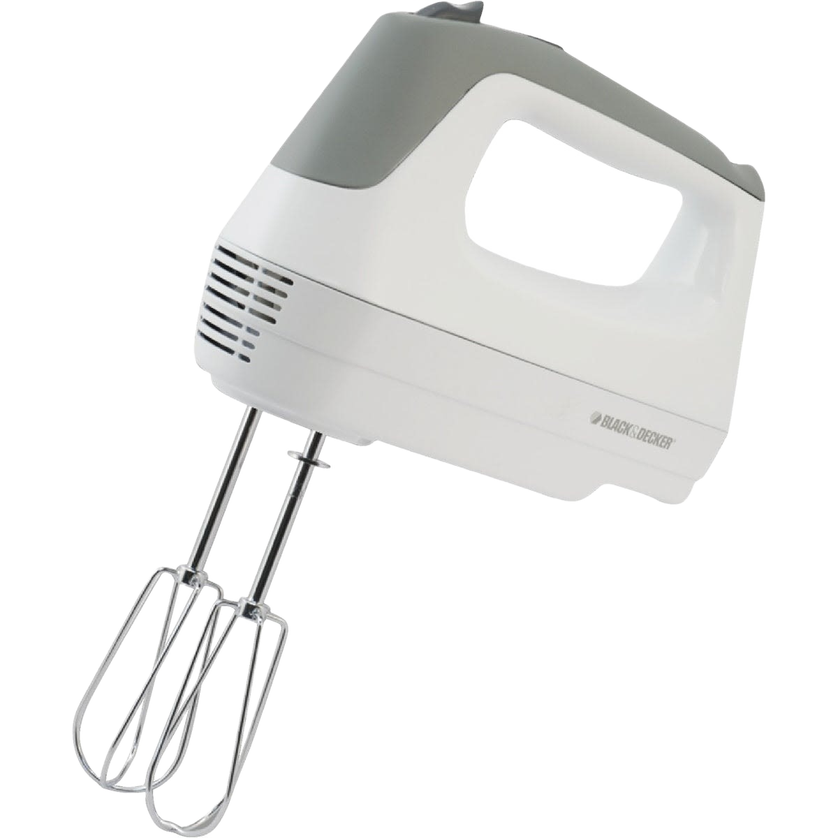 White and gray handheld 6-speed mixer with dual beaters for kitchen tools and home improvement use