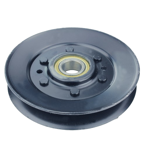 Black metal V-idler pulley with central bearing designed for home improvement and machinery repair projects