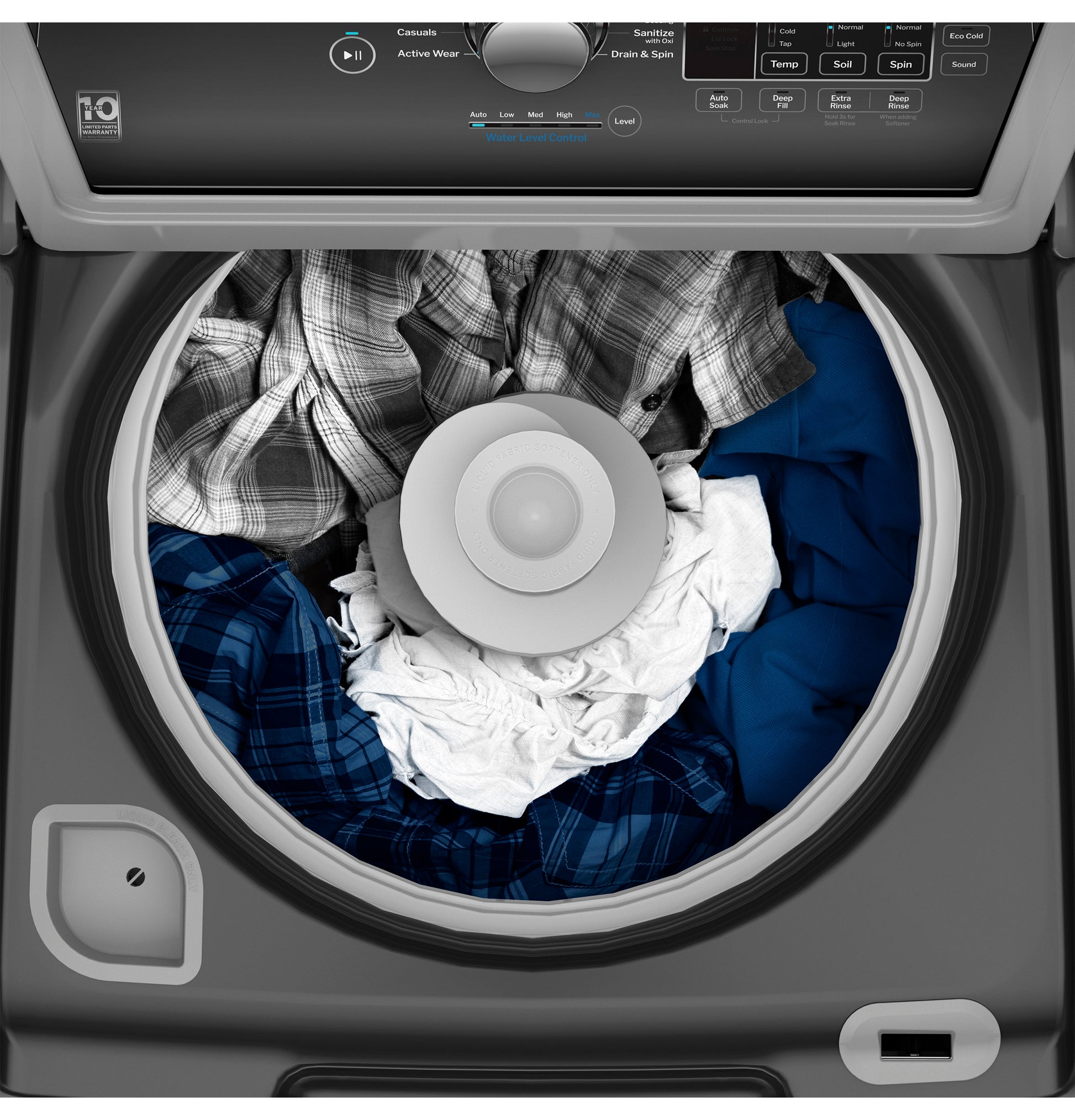 Top load washer filled with assorted clothes inside drum, showing control panel and detergent dispenser in home appliances collection