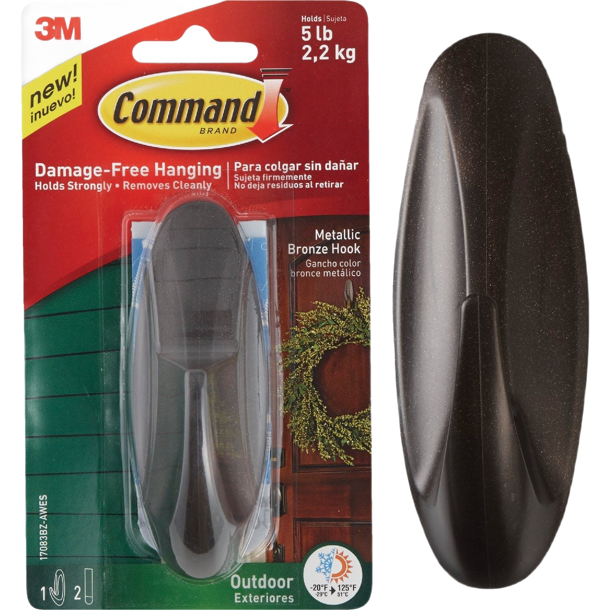 Metallic bronze hook with damage-free adhesive for outdoor use, suitable for home improvement and hardware projects under $50