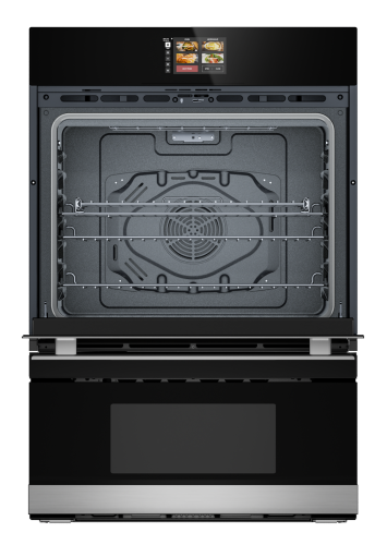 Open smart combination wall oven and microwave drawer with digital display and multiple cooking racks in modern kitchen design