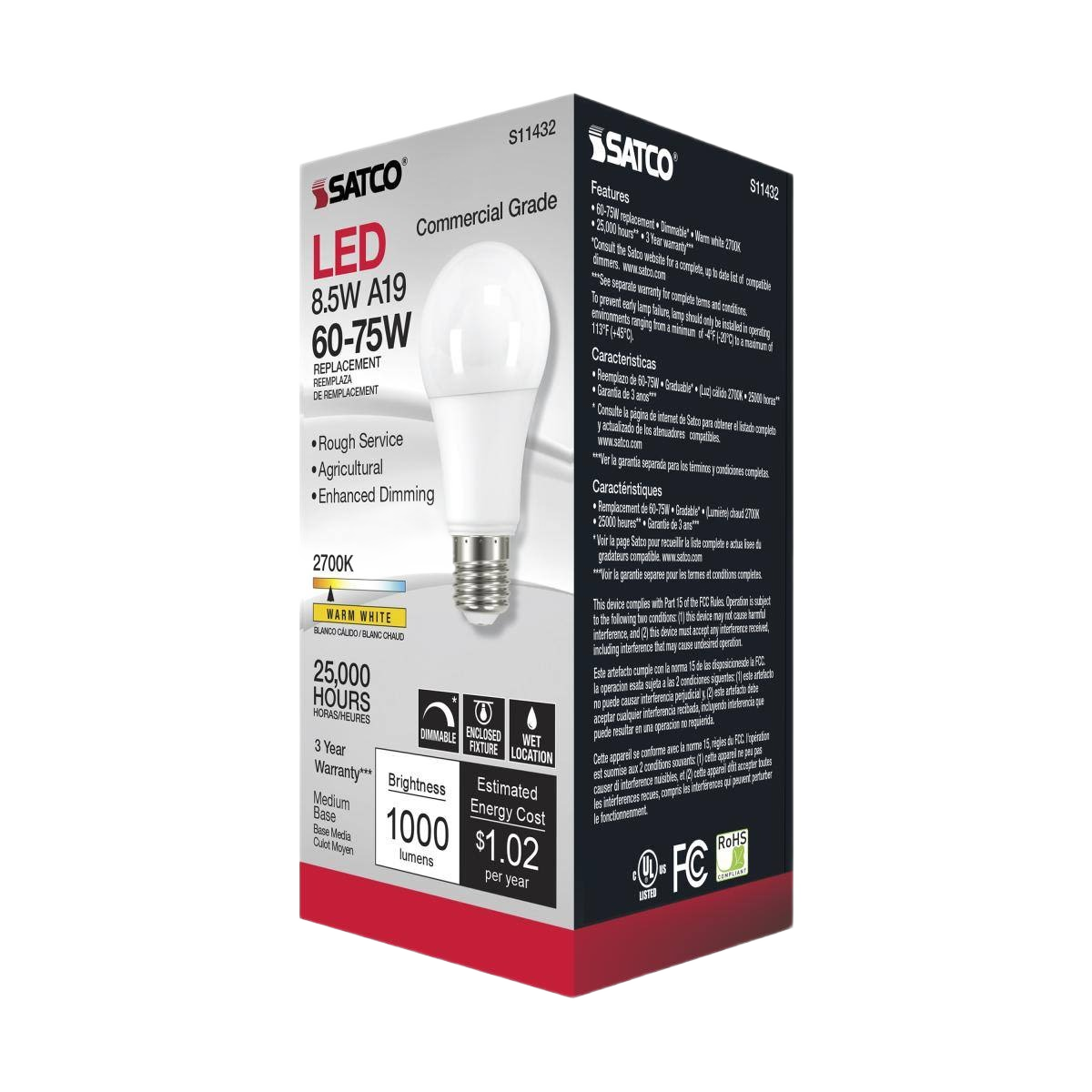 Satco 8.5 watt A19 LED light bulb with warm white 2700K glow for agricultural and commercial lighting needs