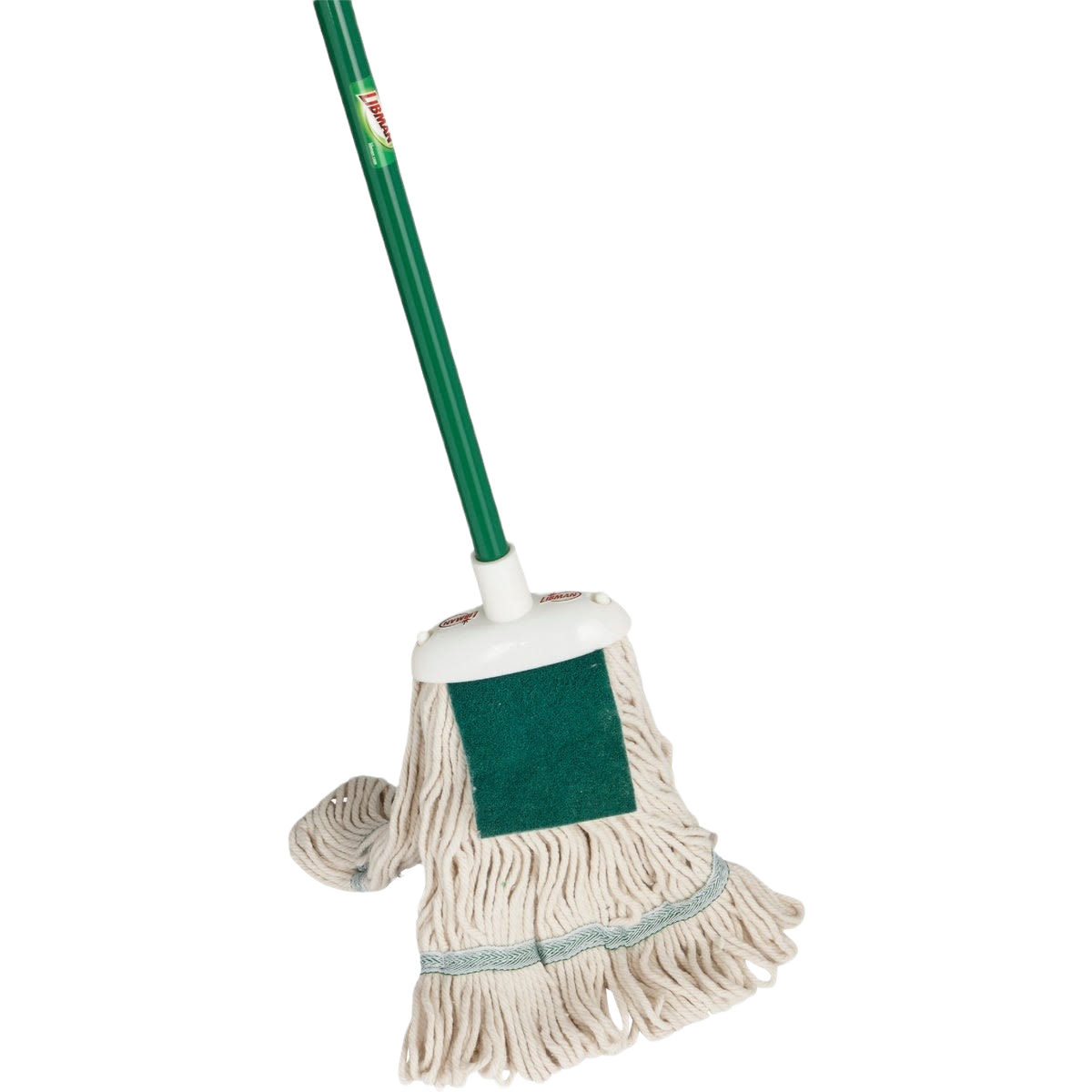 Cleaning mop with extended handle and green scrubber pad for effective floor care in cleaning tools and mop collections