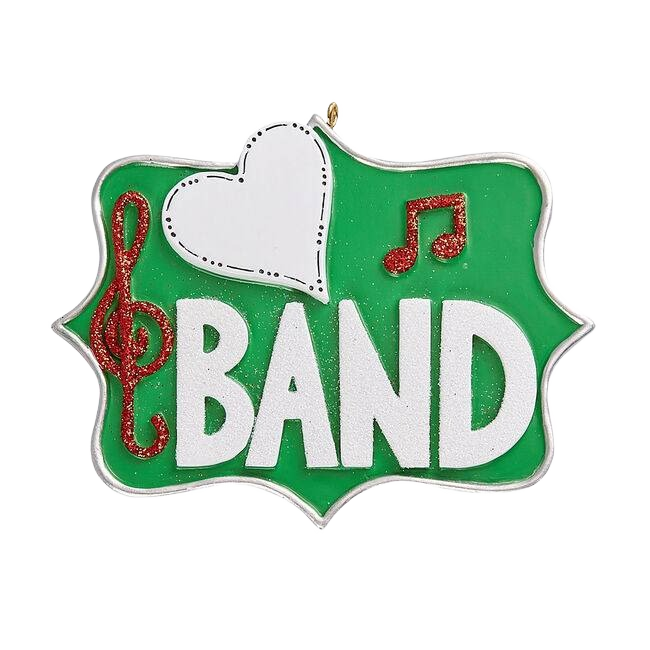 Green band ornament with white heart and red musical notes for Christmas tree decorations under $50