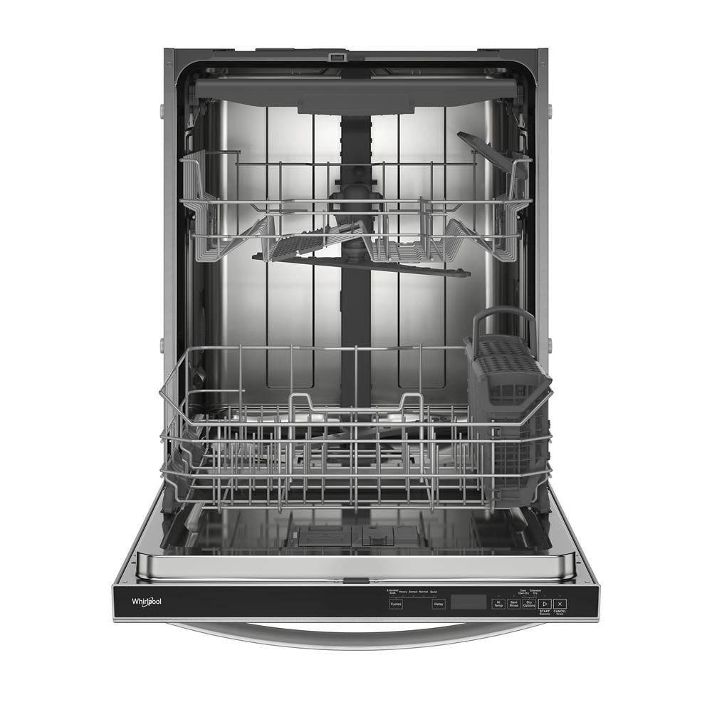 Open stainless steel dishwasher interior showing racks and utensil basket in kitchen appliances collection