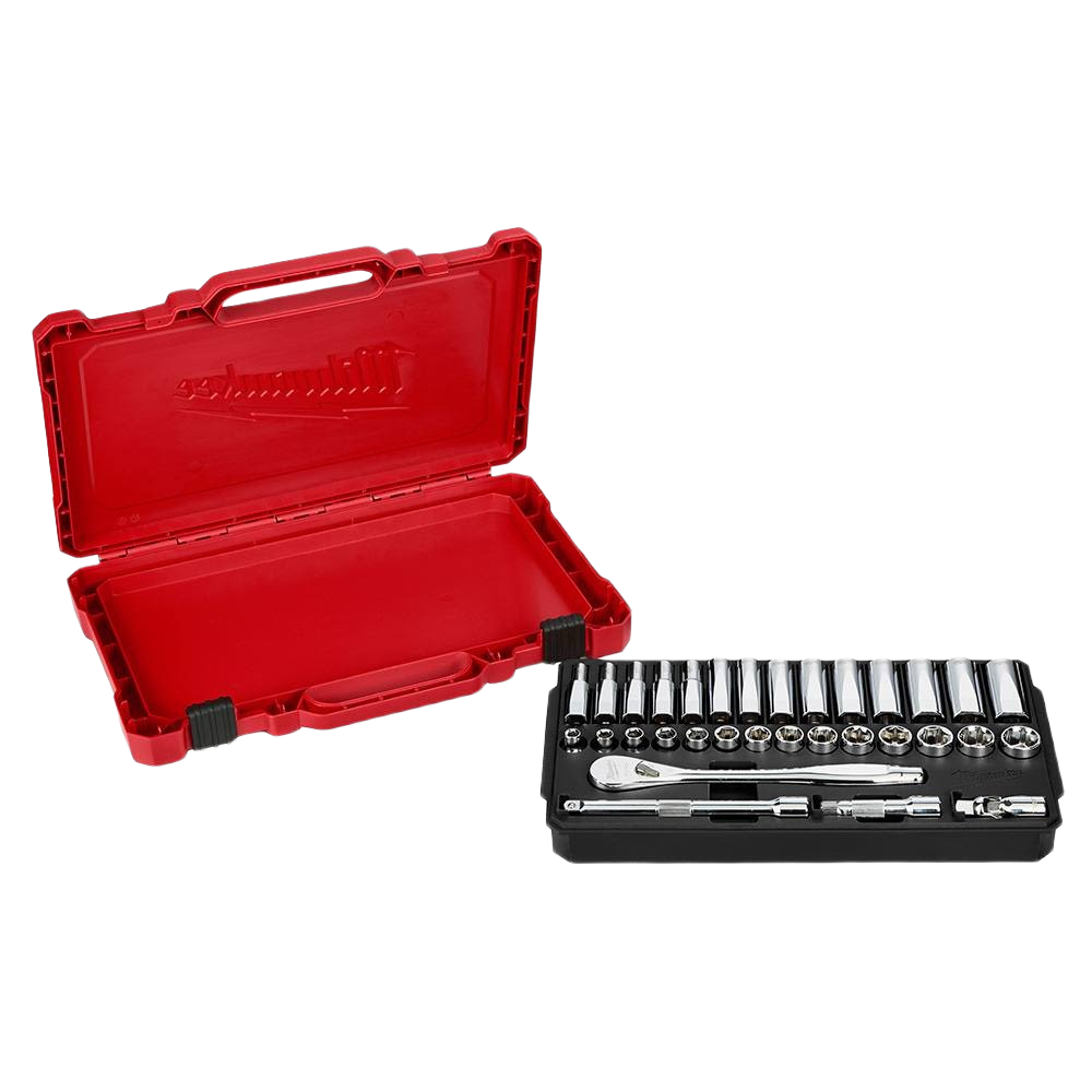 Red steel case with removable tray holding metric ratchets and sockets for Milwaukee hand tools and woodworking collections