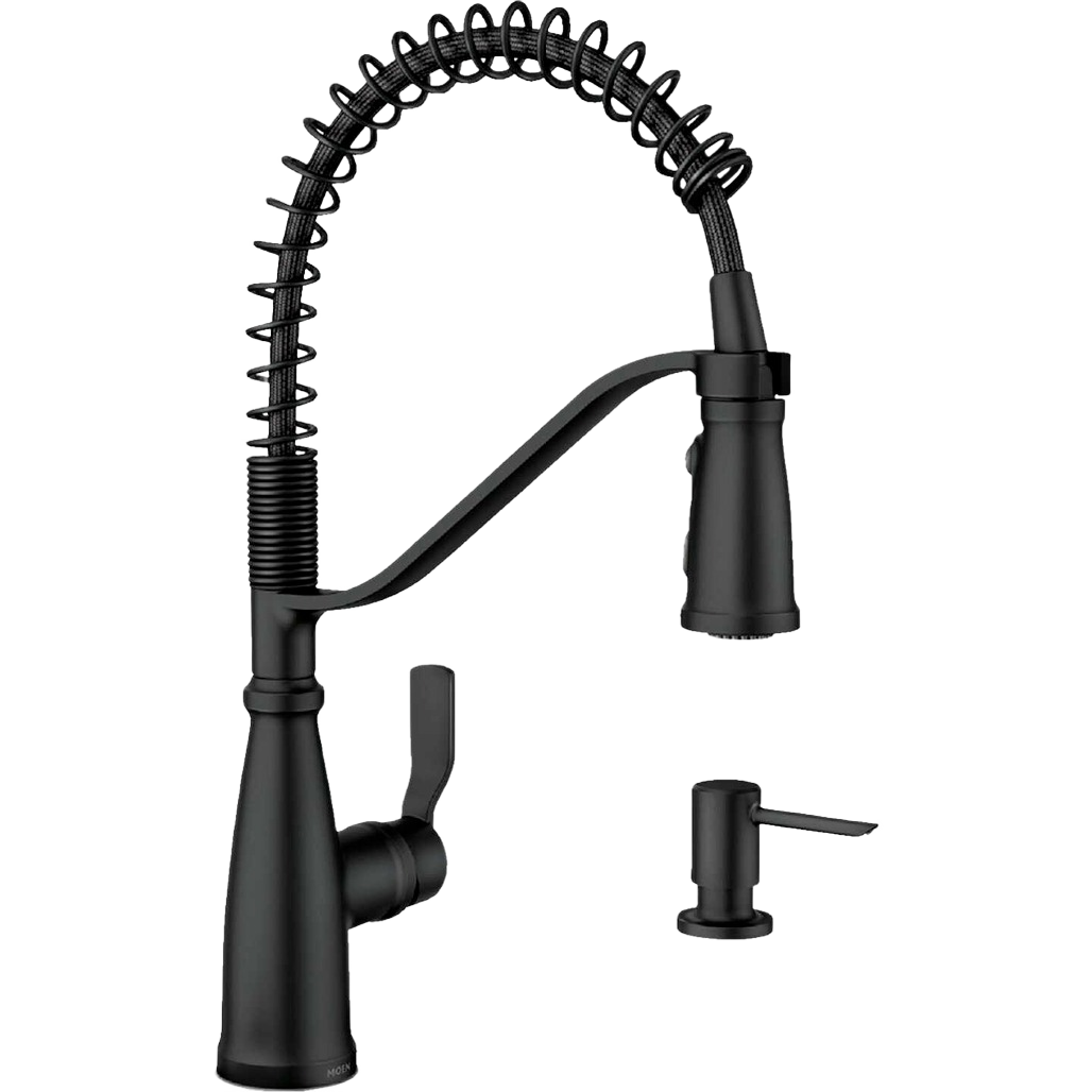 Matte black high arc pulldown kitchen faucet with one handle and matching soap dispenser in kitchen sink faucets collection