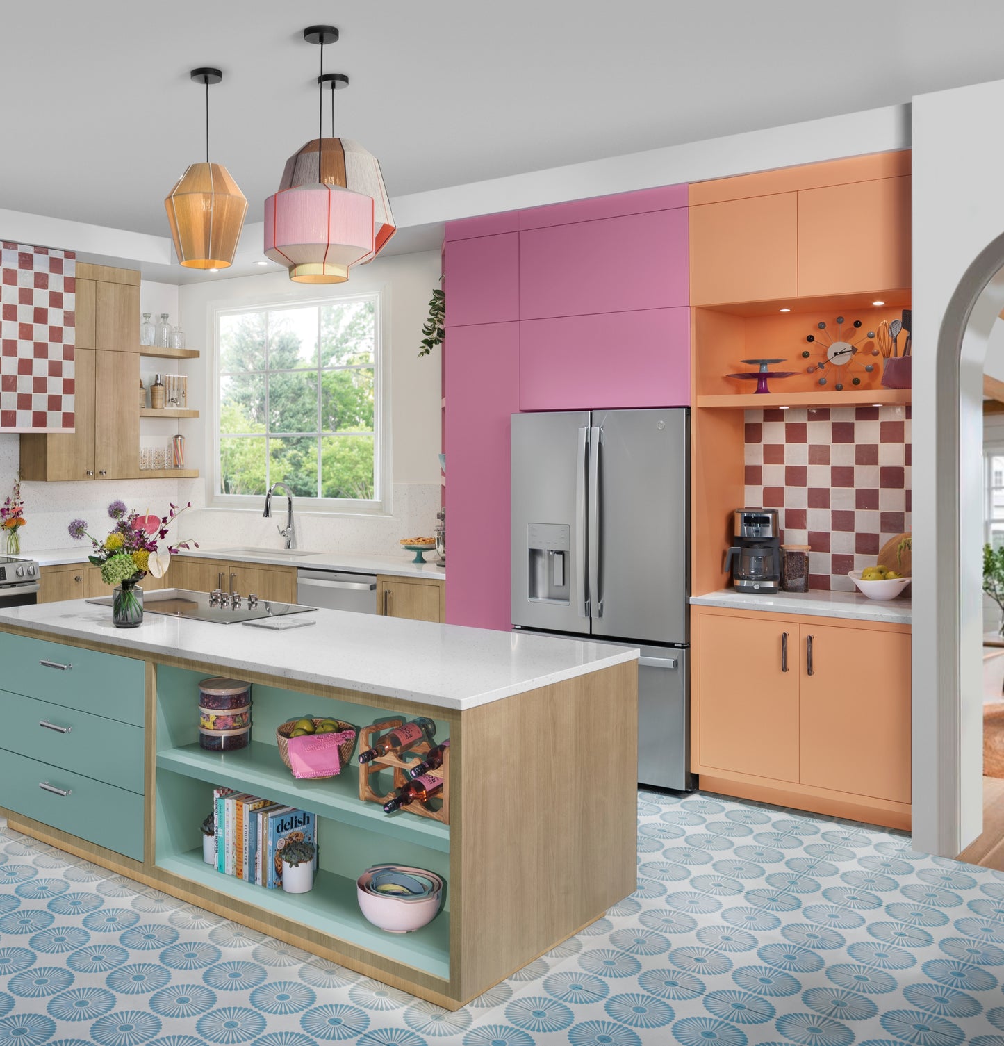 Colorful kitchen with pastel cabinets and fingerprint resistant stainless steel French-door refrigerator in appliances collection