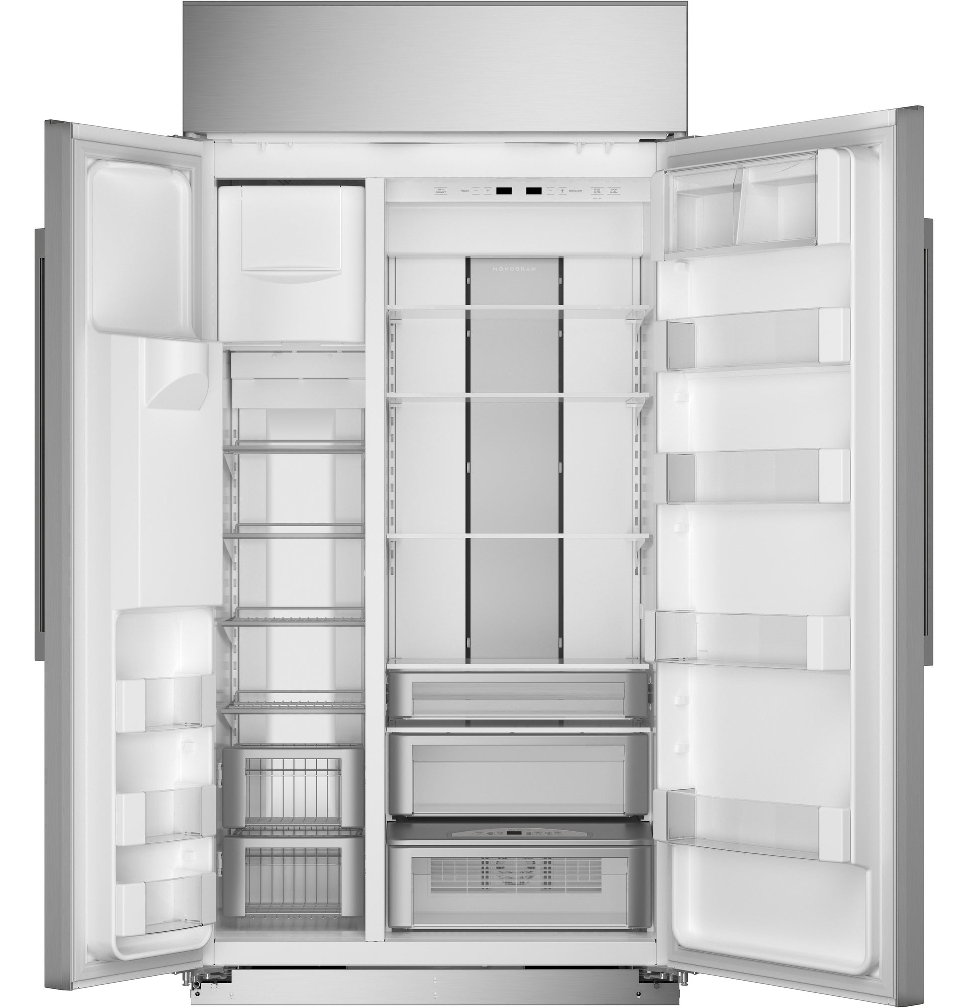 Open built-in side-by-side refrigerator showing adjustable shelves, drawers, and door storage in kitchen appliances collection