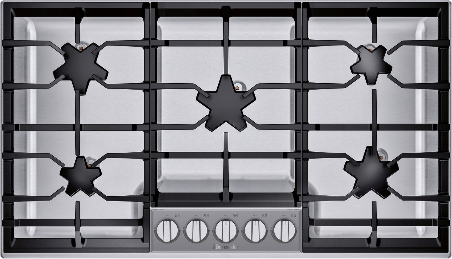 36-inch stainless steel gas cooktop with five burners and star-shaped burner design from Gas Cooktops collection