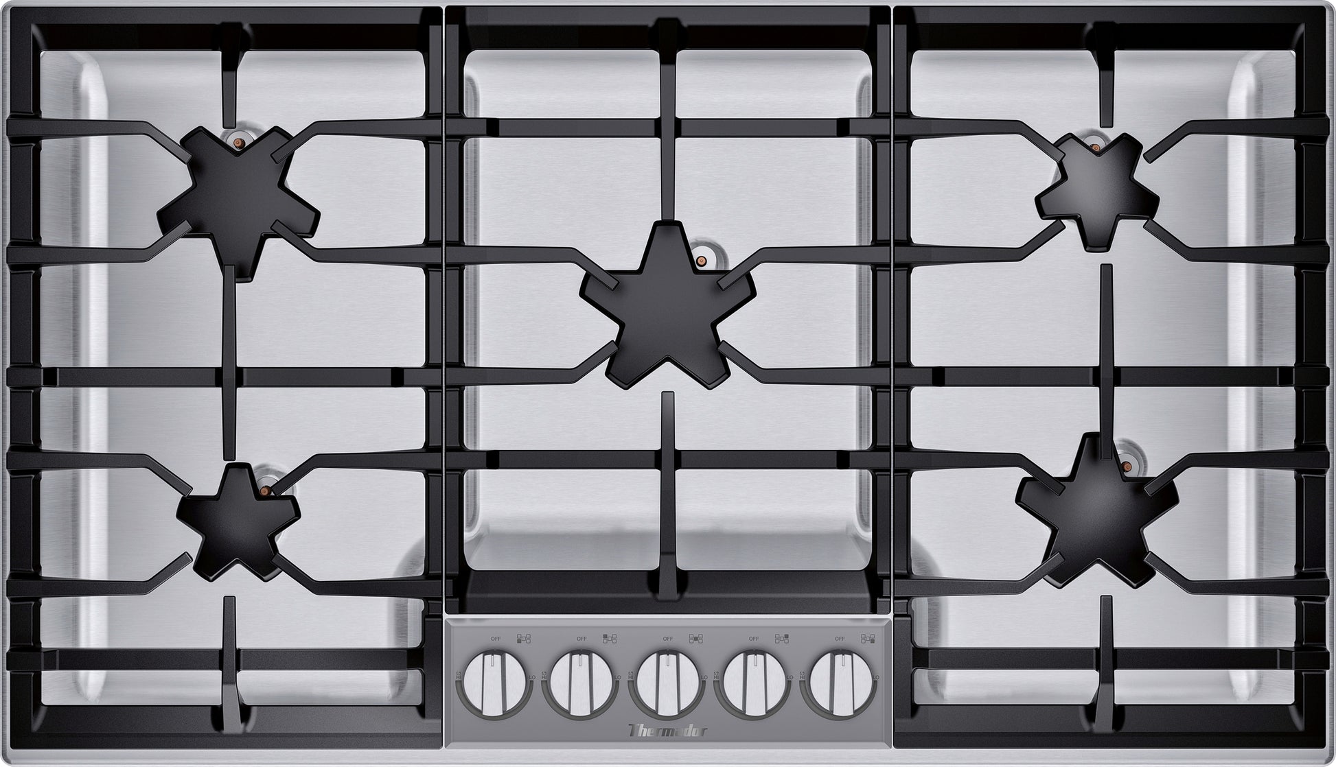 36-inch stainless steel gas cooktop with five burners and star-shaped burner design from Gas Cooktops collection
