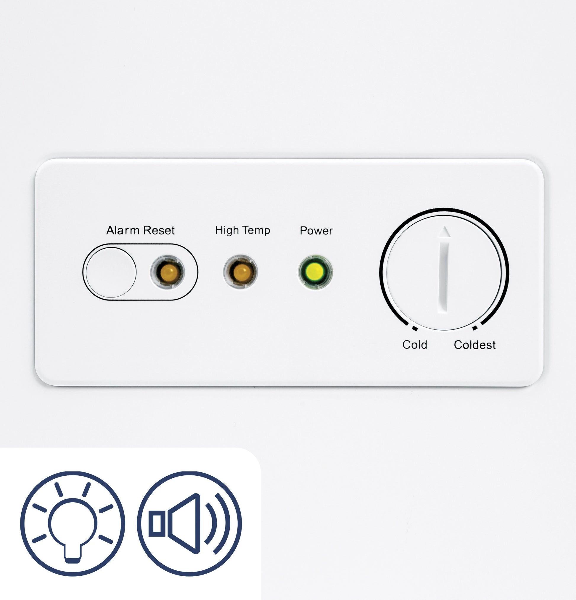 Close-up of white control panel with alarm reset switch, temperature indicator lights, and dial for temperature control on freezer unit
