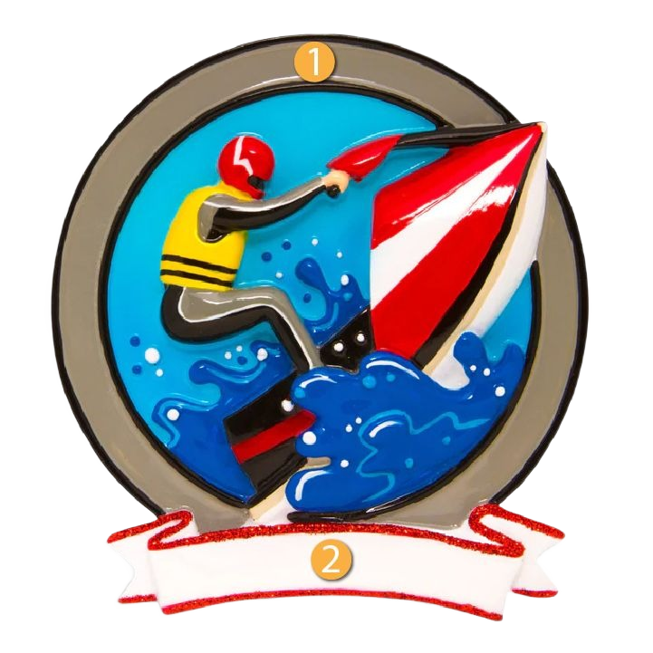 Decorative water sports ornament showing a person on red and white jet ski splashing through waves in Christmas collection