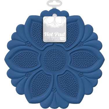Royal blue silicone trivet with no-slip grip and floral pattern, ideal for kitchenware and heat protection.