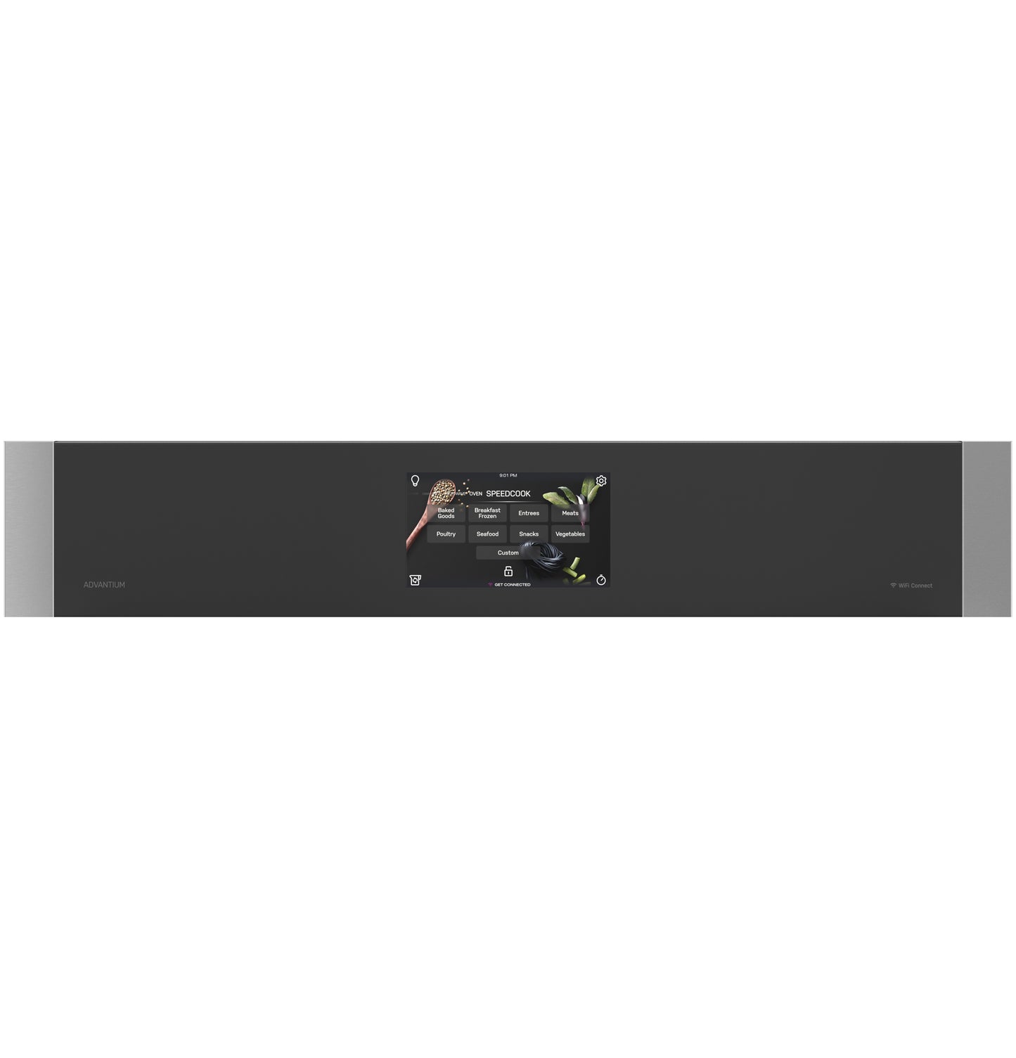 Black stainless control panel with digital touchscreen and cooking preset icons from wall ovens collection