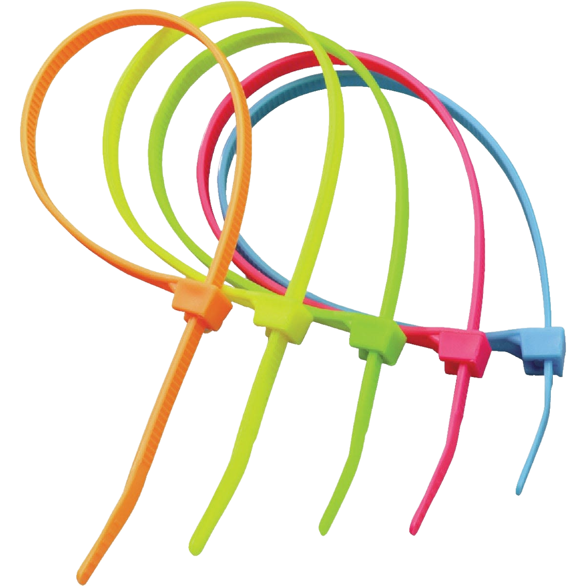 Set of neon-colored nylon cable ties in orange, green, pink, and blue for organizing and securing cables in home improvement tasks