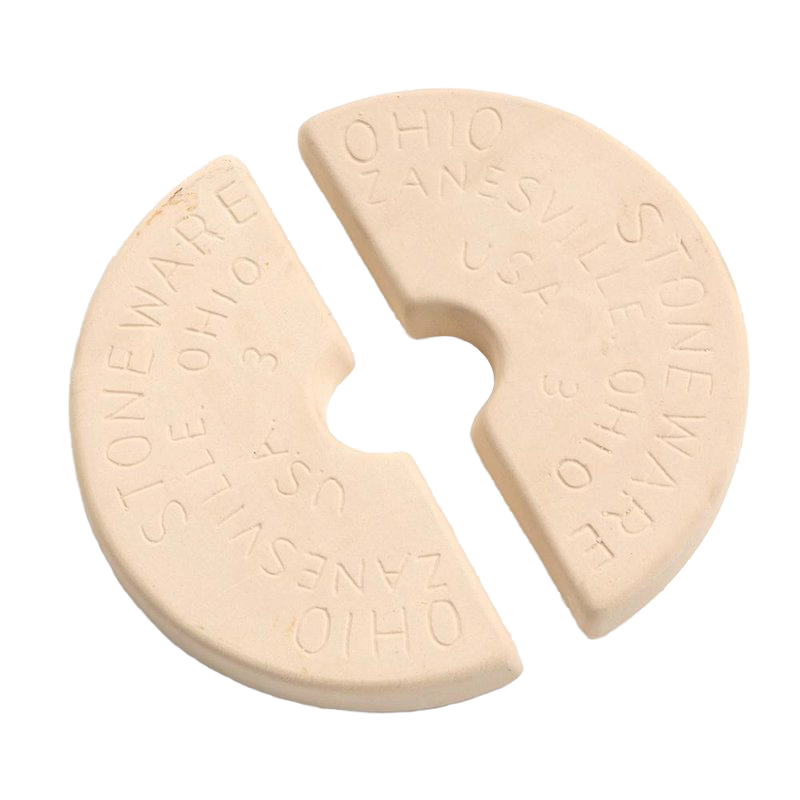 Two beige segmented stoneware weight stones with embossed Ohio and Zanesville lettering for kitchenware collections