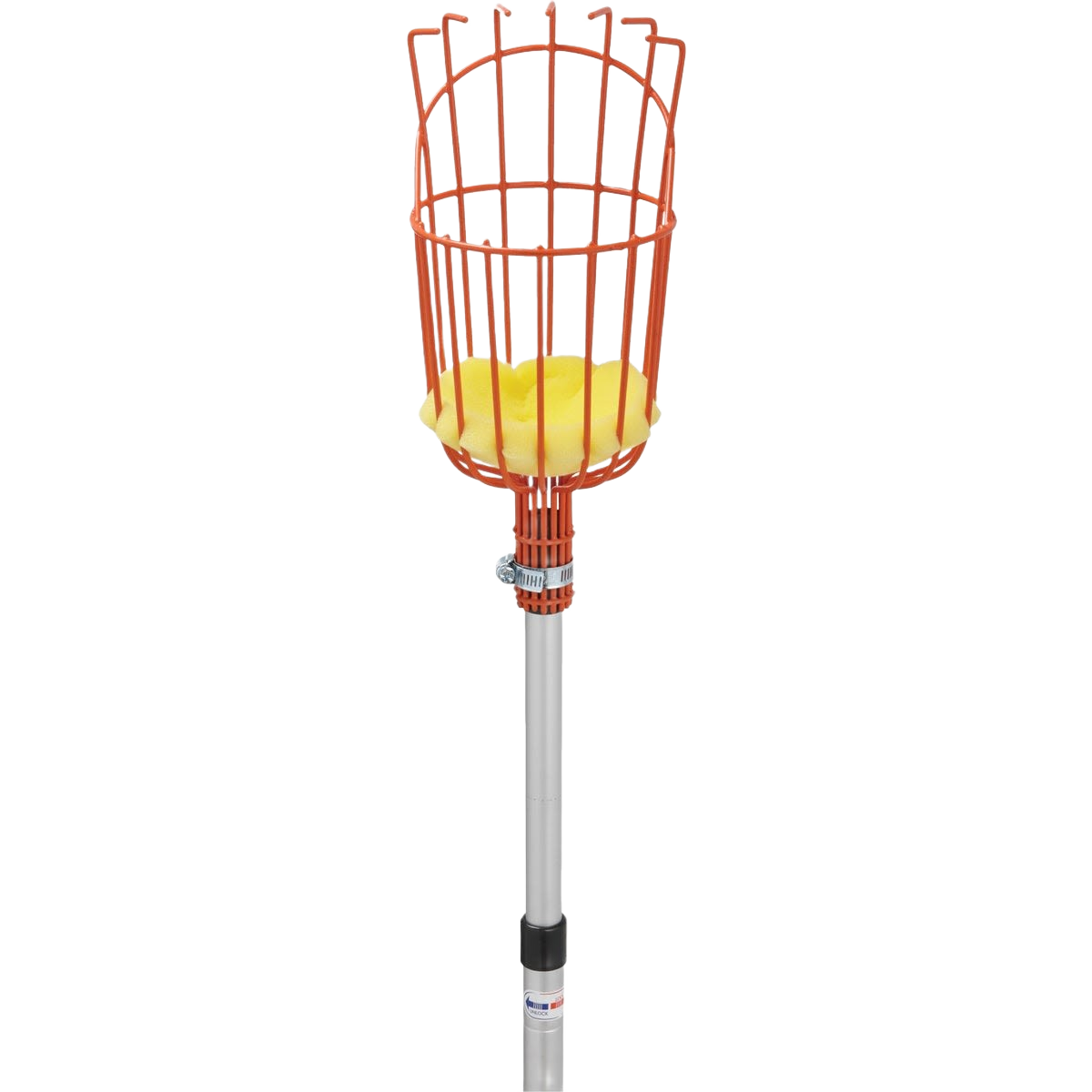 Orange metal fruit picker basket with yellow cushion attached to extendable silver pole for home gardening tasks