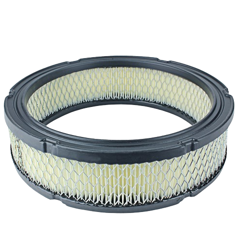 Circular air filter element with pleated paper and black plastic frame for equipment maintenance and home improvement