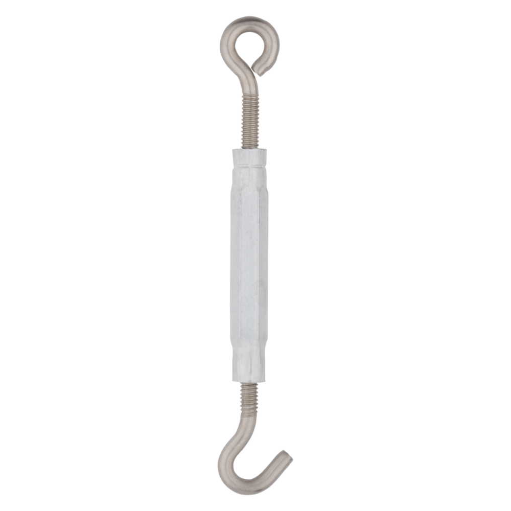 Stainless steel hook and eye turnbuckle for tightening cables in storage and garage organization tools and home improvement projects