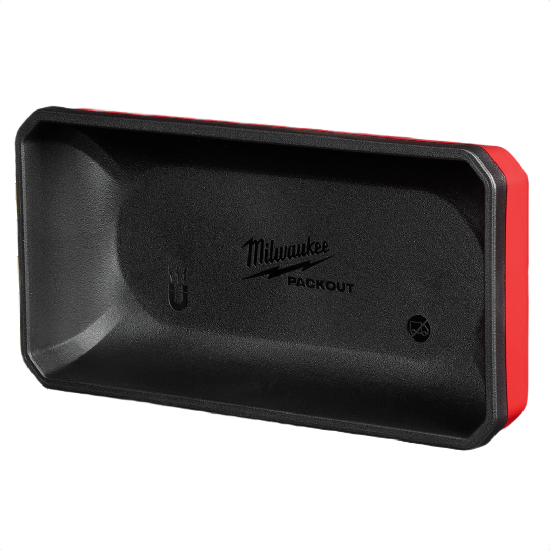 Black and red magnetic storage bin for organizing small tools and parts in workshop and garage settings