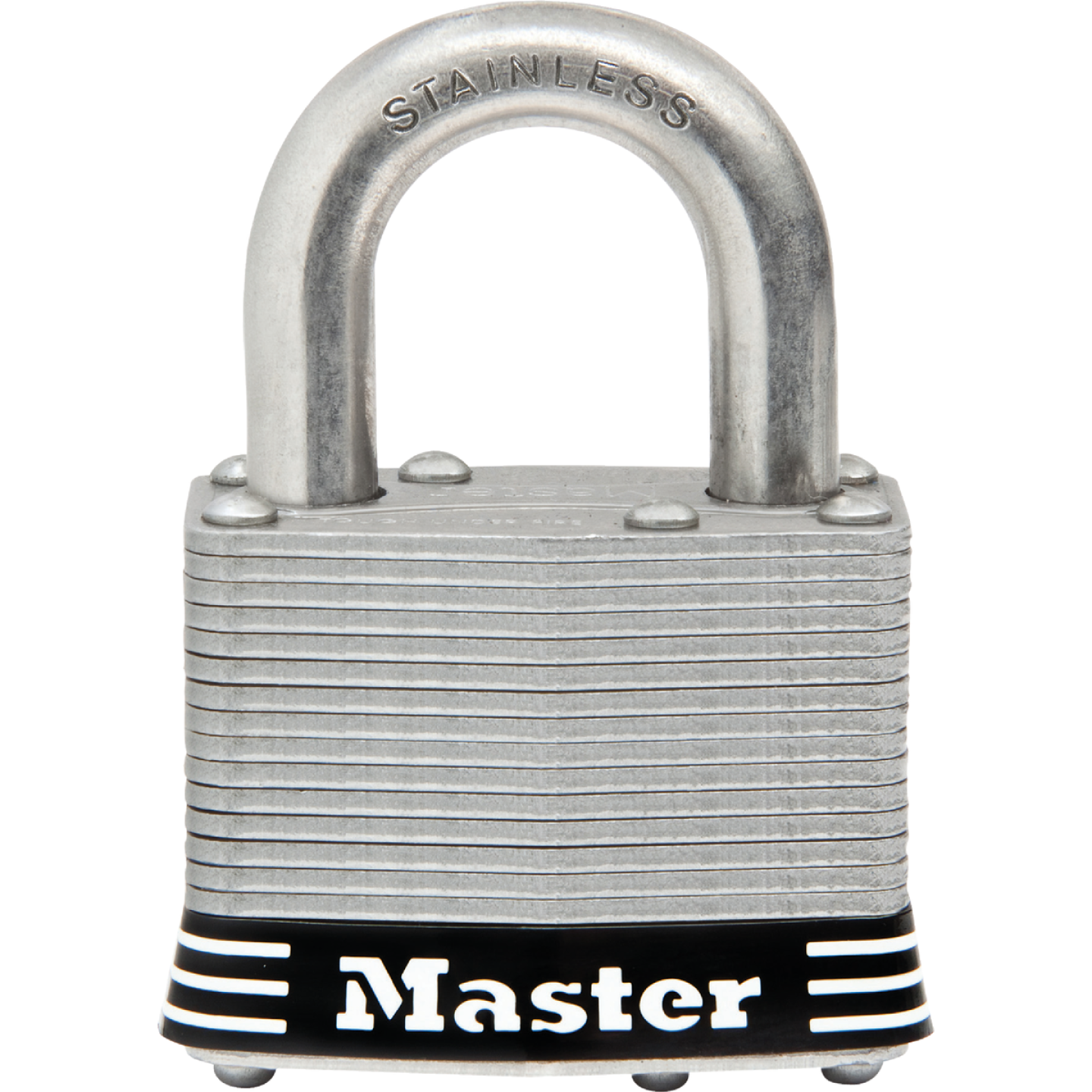 Laminated steel keyed padlock with stainless steel shackle for hardware and home improvement applications.