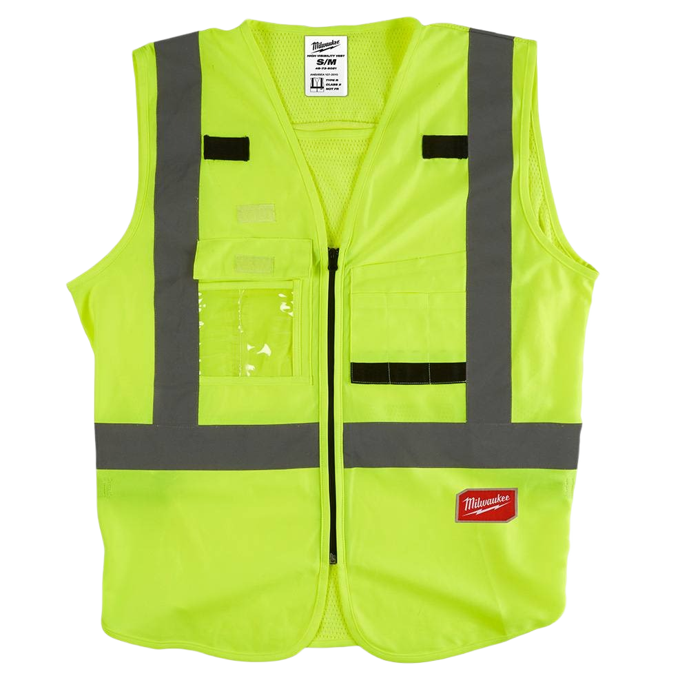 Men’s yellow high visibility safety vest with reflective stripes for workwear and home improvement safety gear