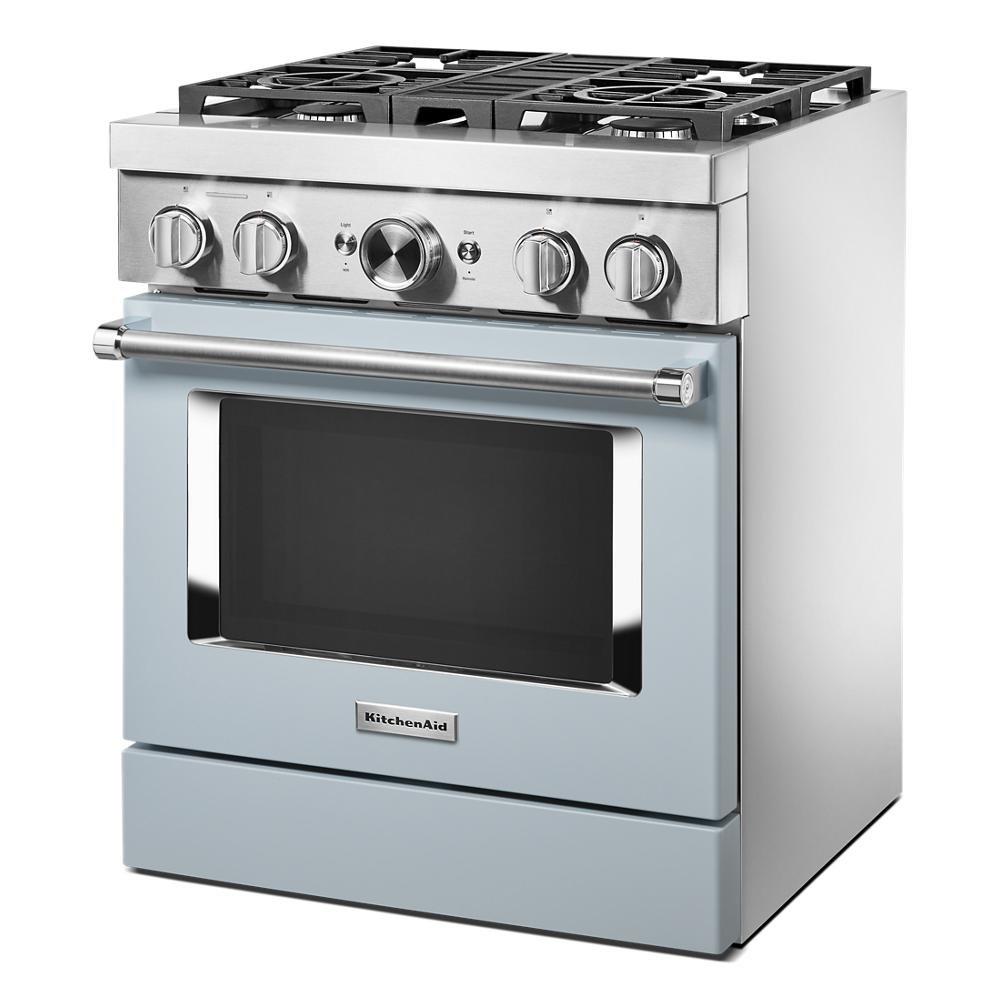 30-inch dual fuel range with four burners and electric oven in stainless steel and blue finish from KitchenAid appliances collection