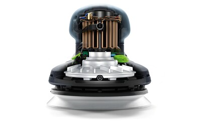 Internal view of a random orbit sander showing motor and mechanical components for tools and home improvement tasks