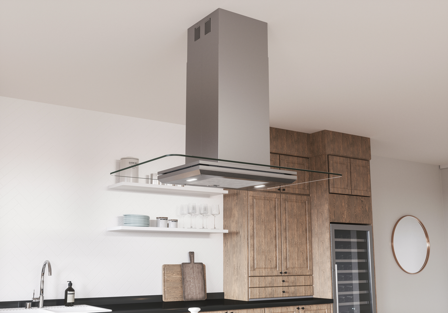 Modern stainless steel island range hood with glass canopy and built-in LED lighting in a contemporary kitchen setting