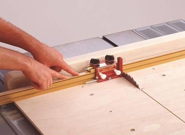 Adjustable precision woodworking track with shop stop system used on table saw for accurate repeat cuts in hand tools collection
