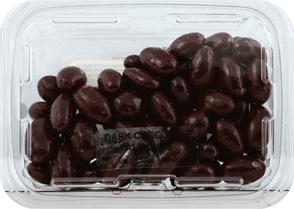 Clear plastic container filled with dark chocolate coated almonds in candy and food collections