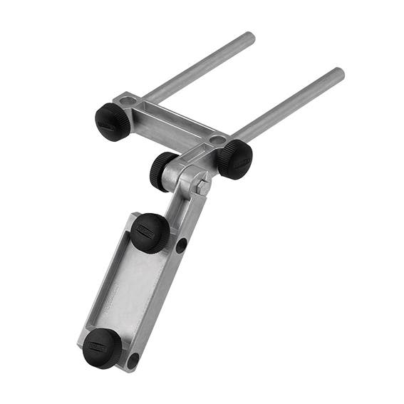Adjustable metal tool attachment with black knobs for securing and positioning in home improvement projects