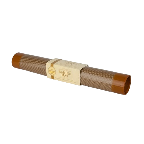 Brown non-stick half-size silicone baking mat rolled with label for kitchen and home use