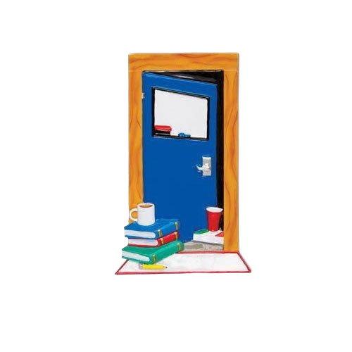 Blue dorm room door ornament with stack of books, coffee cup, and red tumbler for Christmas decorations under $50 collection