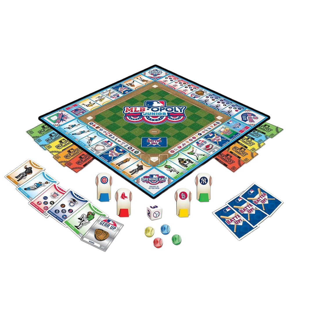 MLB-themed junior board game with team tokens, collectible cards, and playing pieces in toys and games collection under $50