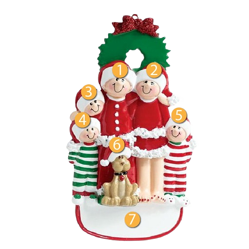Family of five in matching Christmas pajamas with dog and festive wreath ornament for holiday décor collection