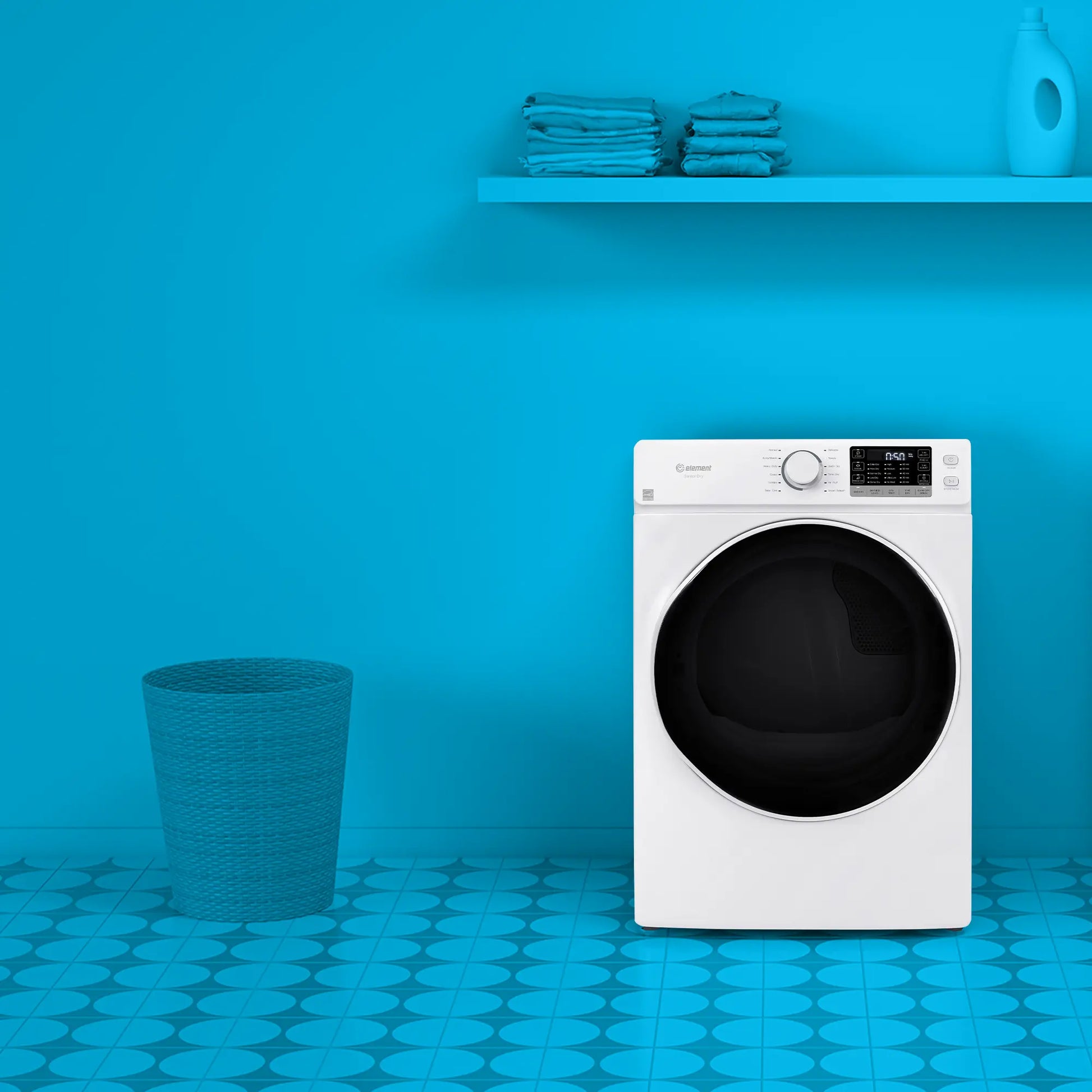 White front load electric dryer with digital controls and large black tinted door in dryers and appliances collection