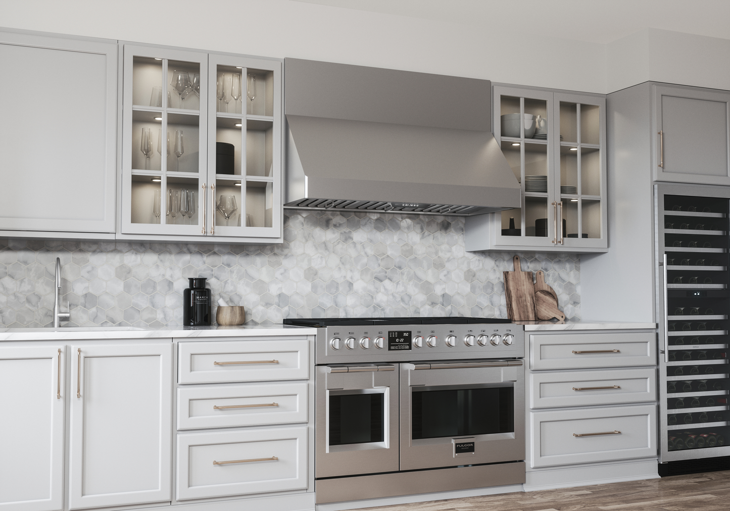 Stainless steel canopy hood with LED lighting installed above dual oven range in modern kitchen setting