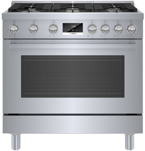 stainless steel gas freestanding range with six burners and digital control display for kitchen and home improvement use